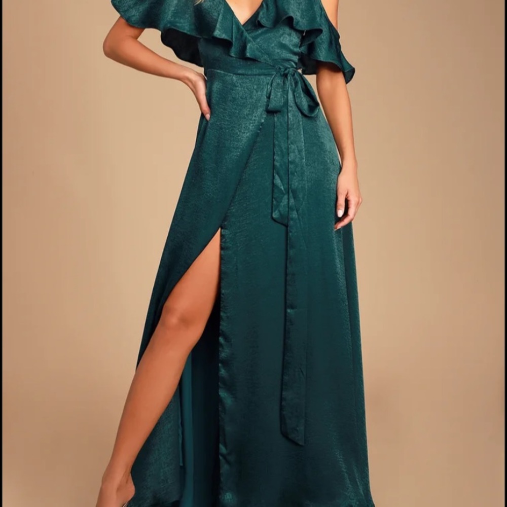 Lulus Moriah wrap dress in emerald green